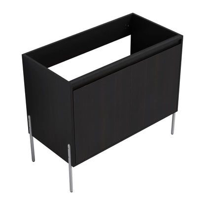 Freestanding black wood bathroom vanity with soft-close cabinet doors and slim metal legs on Tampa Home & Garden Store