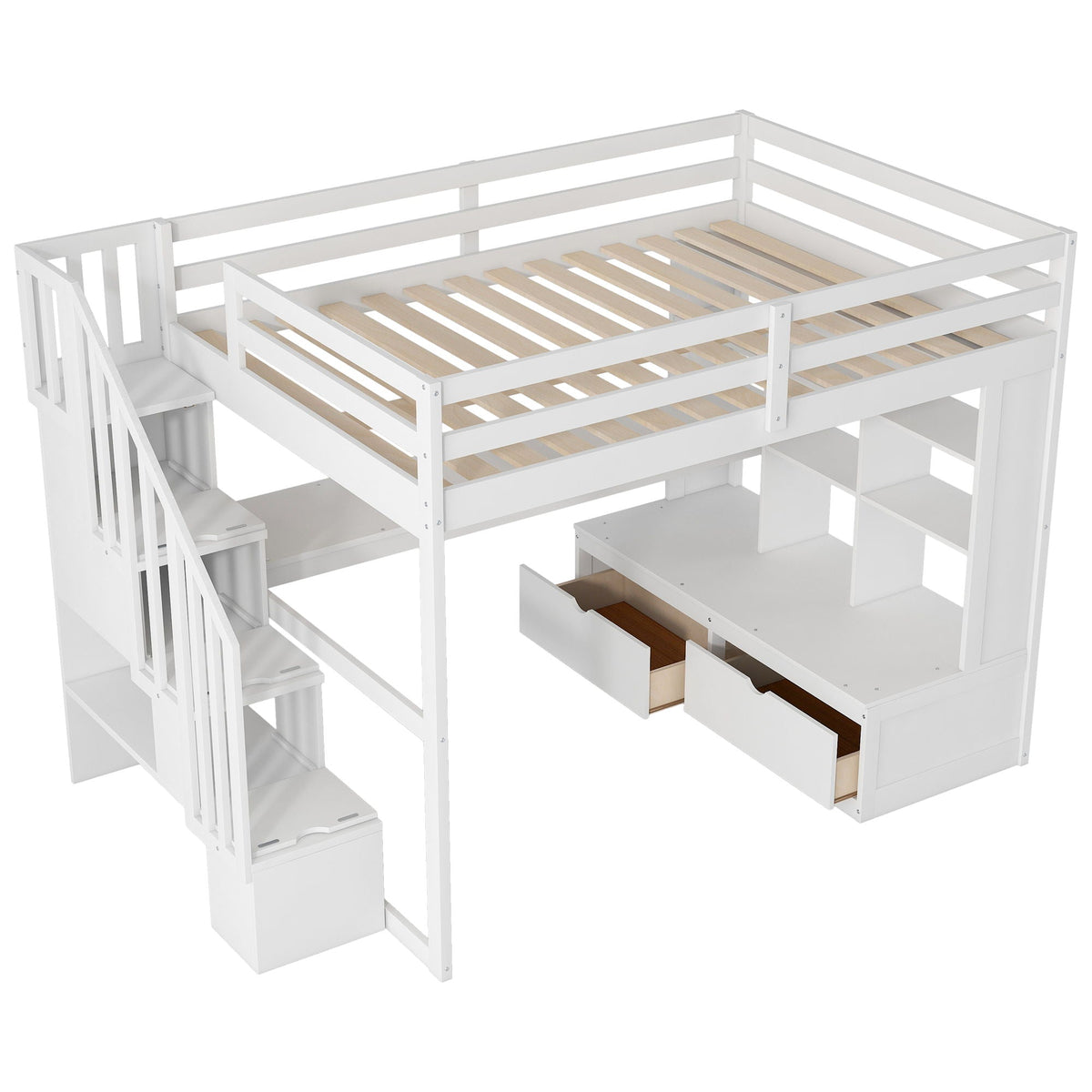 Full-size loft bed with desk, shelves, 2 drawers, storage staircase in white by HouseOfZazla on Tampa Home & Garden Store