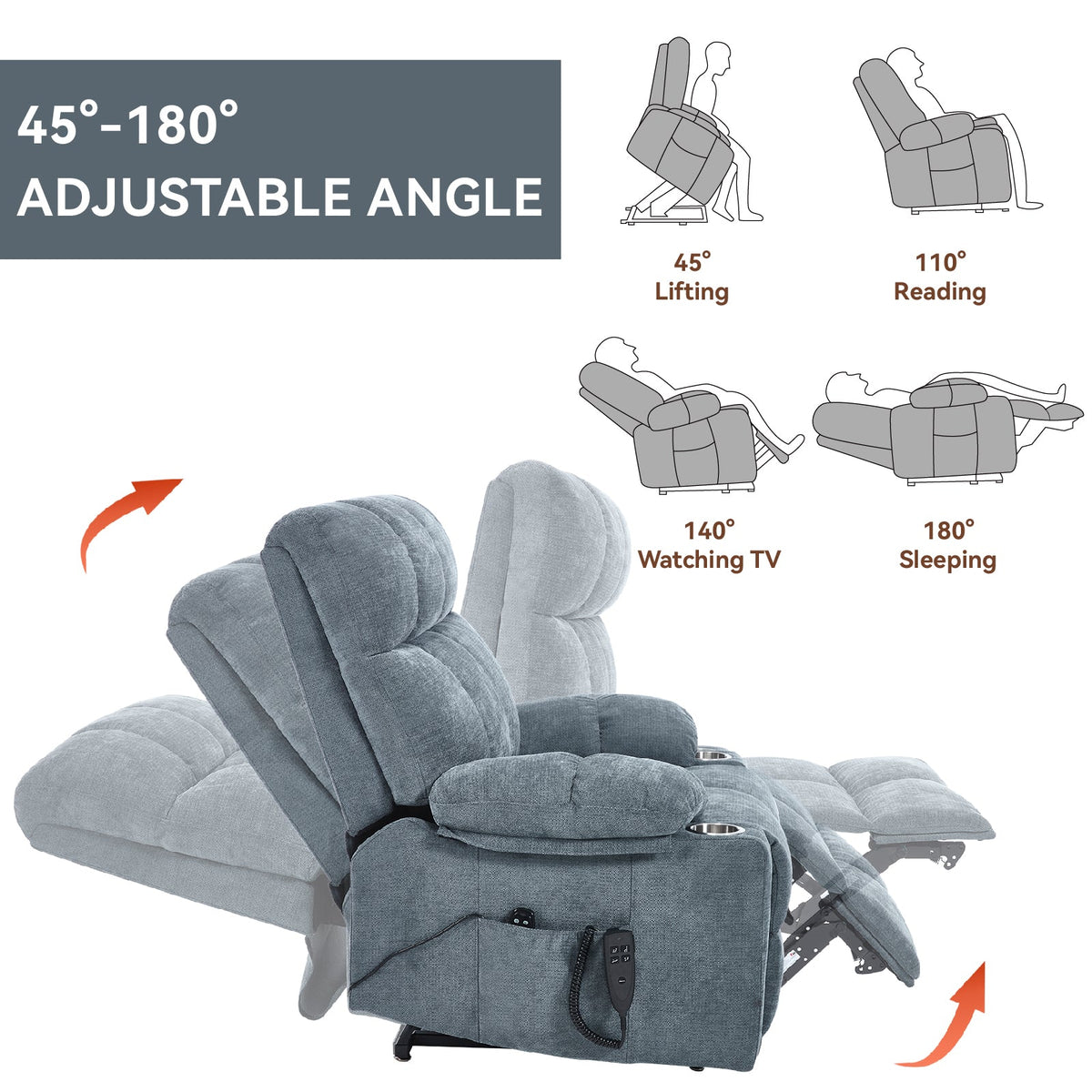 Grey chenille power lift recliner chair with 45-180° adjustable angles on Tampa Home & Garden Store