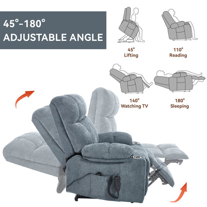 Grey chenille power lift recliner chair with 45-180° adjustable angles on Tampa Home & Garden Store