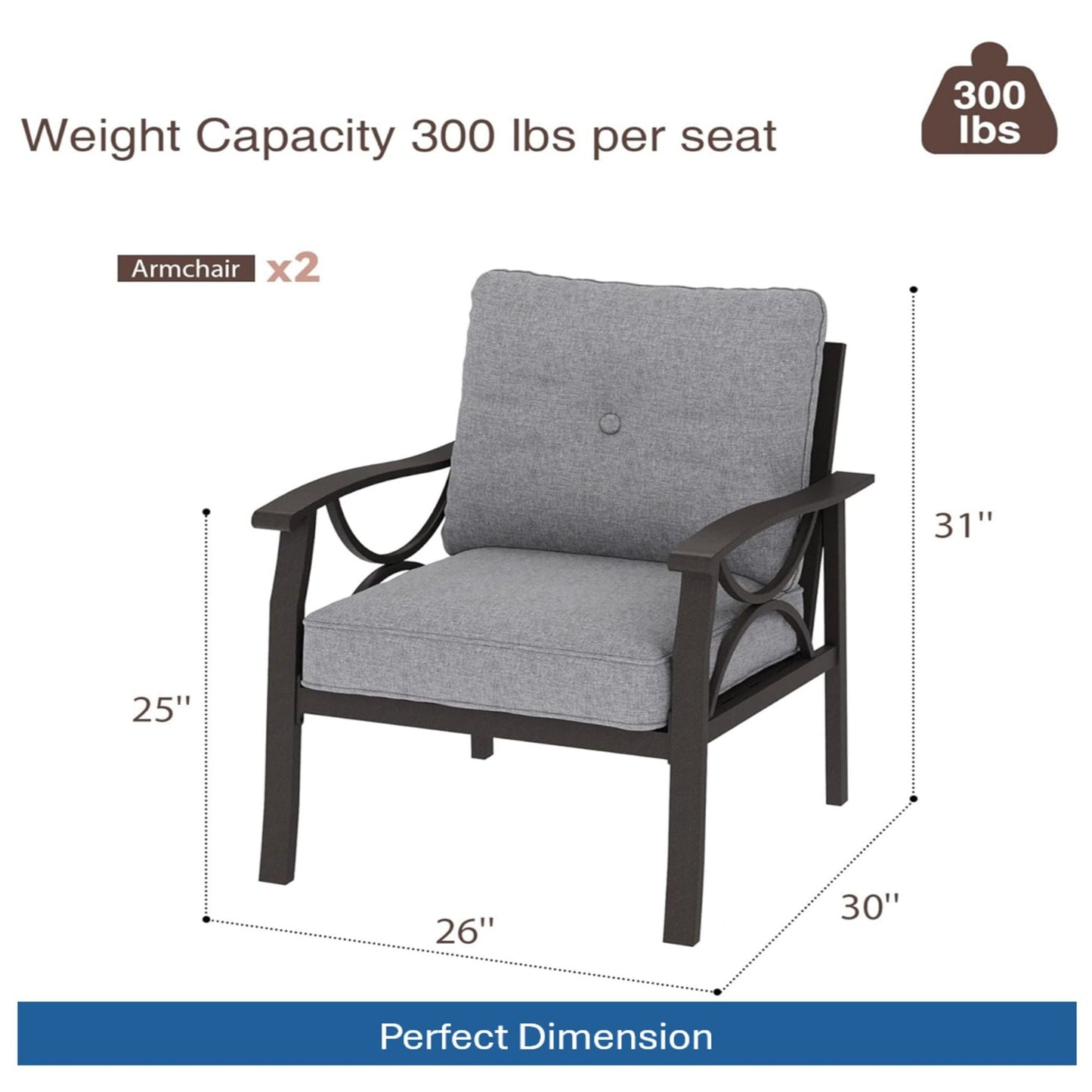 HouseOfZazla all-weather armchairs with gray cushions, dark frame set of 2 outdoor chairs on Tampa Home & Garden Store