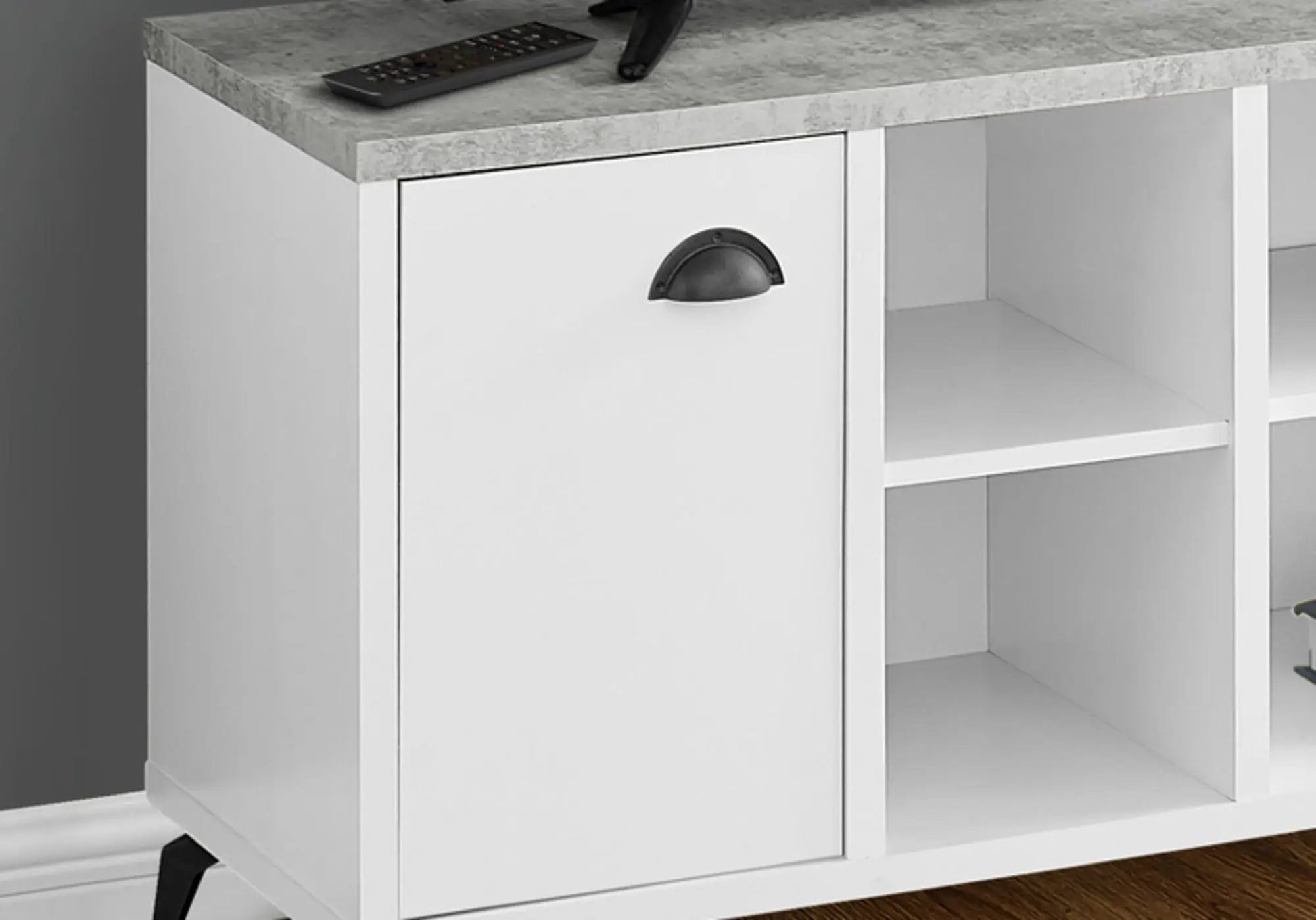 TV stand white gray concrete top, 1 drawer with cup pull and shelves by Unique Piece Furniture on Tampa Home & Garden Store