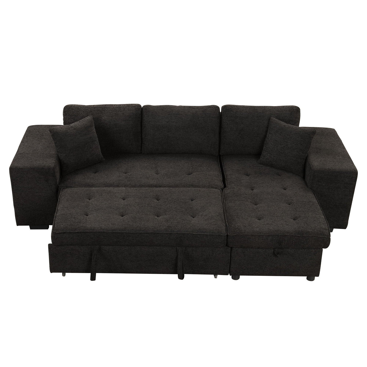 Modern L-shaped sleeper sectional with tufted dark cushions and storage chaise, 2 stools on Tampa Home & Garden Store