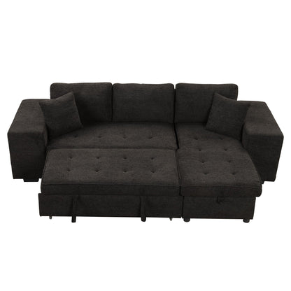 Modern L-shaped sleeper sectional with tufted dark cushions and storage chaise, 2 stools on Tampa Home & Garden Store