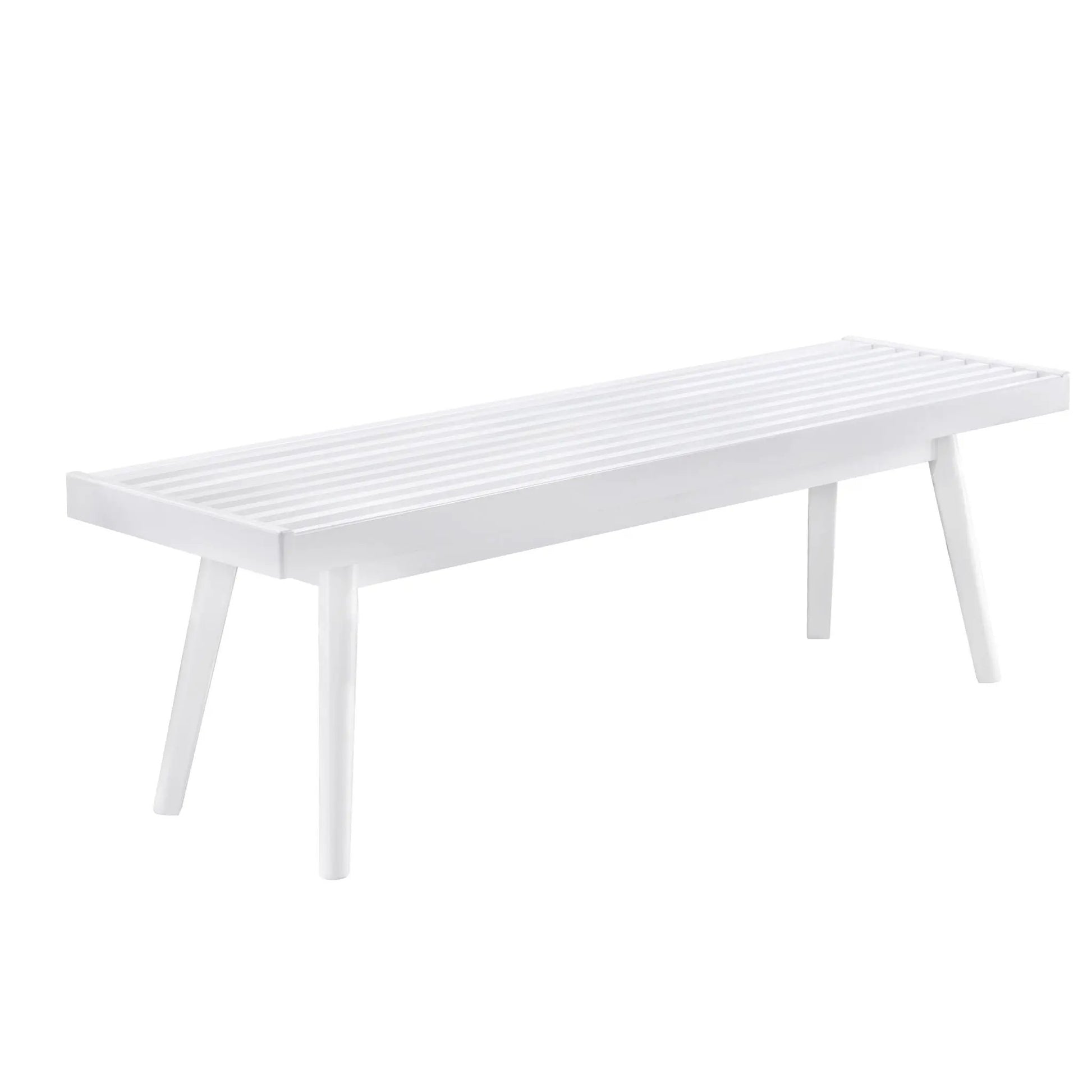 Larwich solid wood slatted bench in white finish with a slatted top and angled legs on Tampa Home & Garden Store