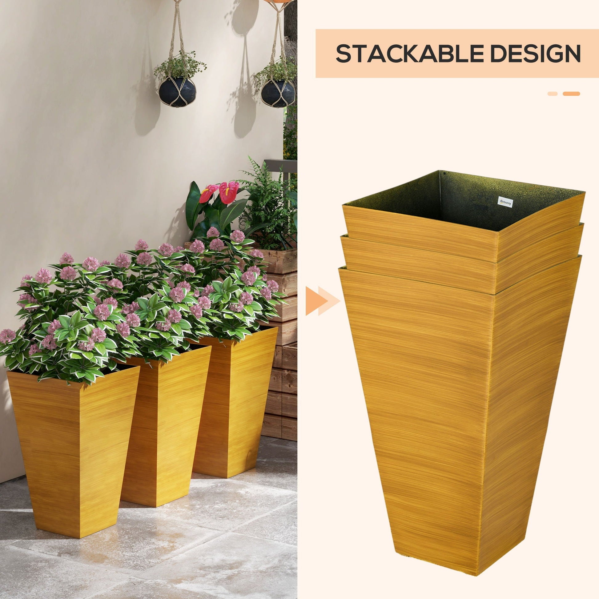 Outsunny set of 3 large tapered faux-wood plastic planters with drainage holes, stackable on Tampa Home & Garden Store