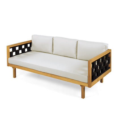 Luxury acacia wood outdoor daybed with white cushions and black woven side panels on Tampa Home & Garden Store