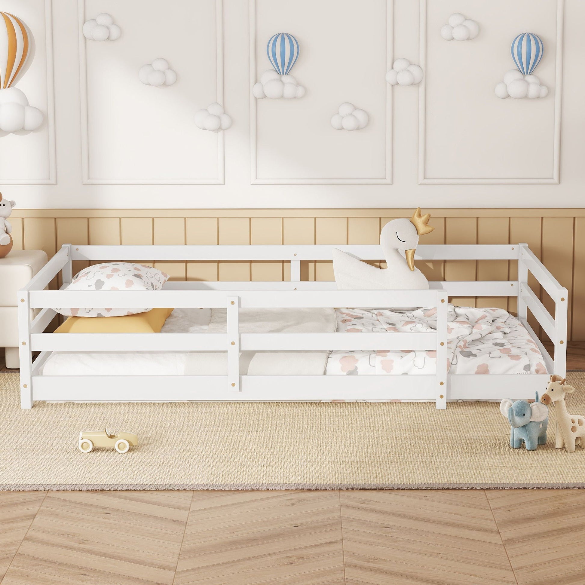 Twin size Montessori floor bed with white fence rails by HouseOfZazla on Tampa Home & Garden Store