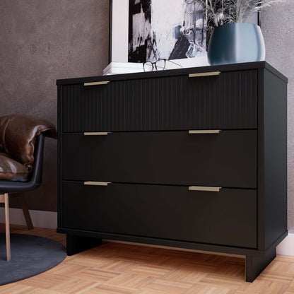HouseOfZazla solid wood 3-drawer dresser with ribbed fronts in black finish on Tampa Home & Garden Store