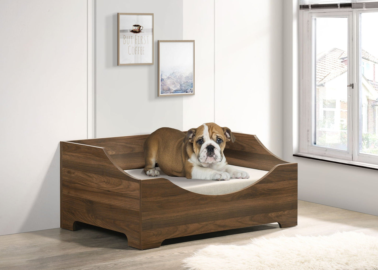 Gibson alder wood finish comfy pet bed with cushion, brown wooden frame with dog on Tampa Home & Garden Store