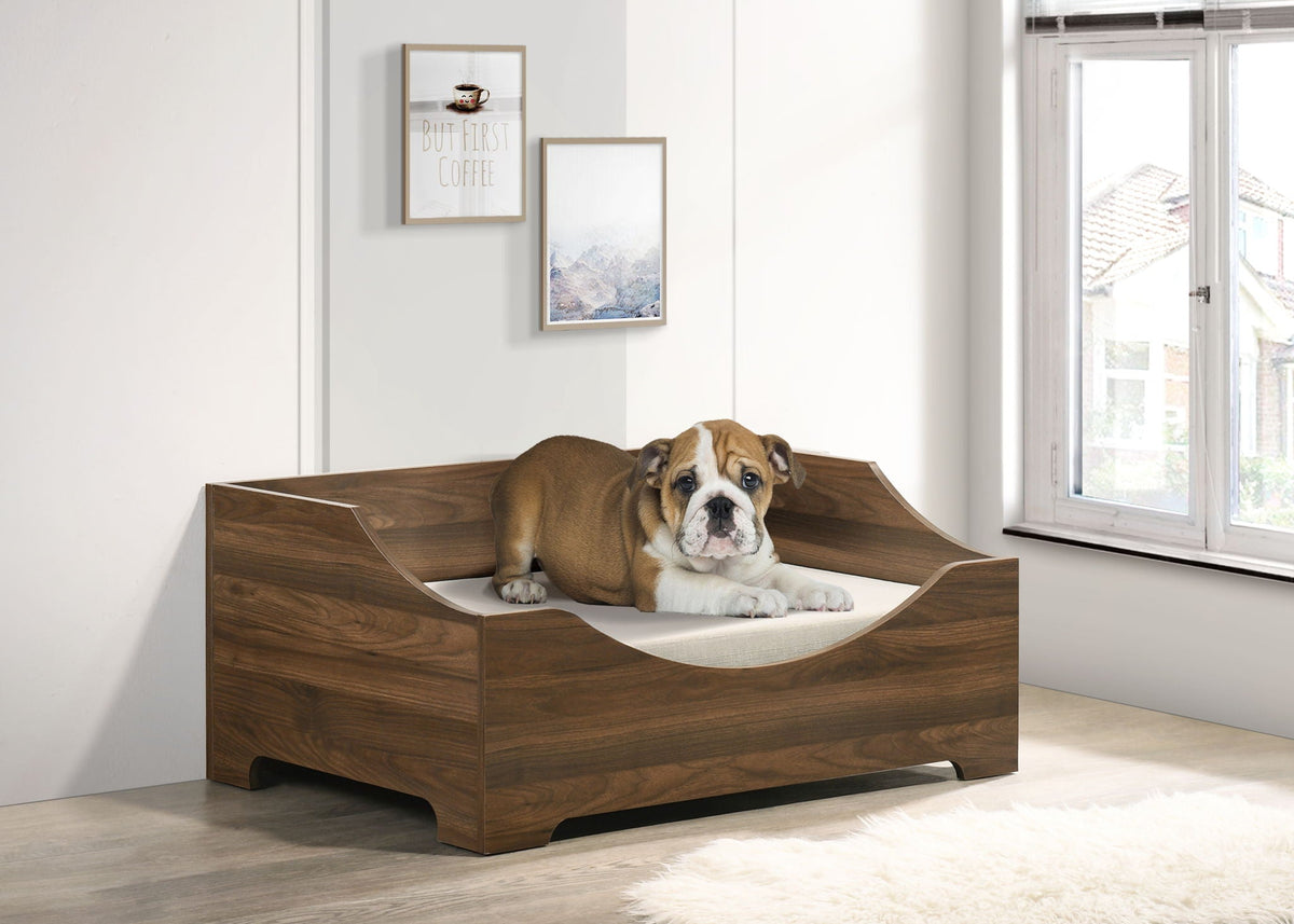 Gibson alder wood finish comfy pet bed with cushion, brown wooden frame with dog on Tampa Home & Garden Store