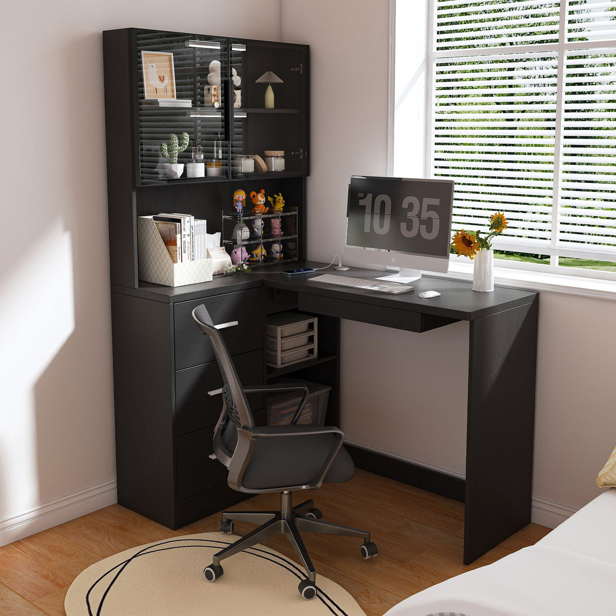 L-shaped computer desk with glass cabinets, black finish, USB ports, HouseOfZazla on Tampa Home & Garden Store