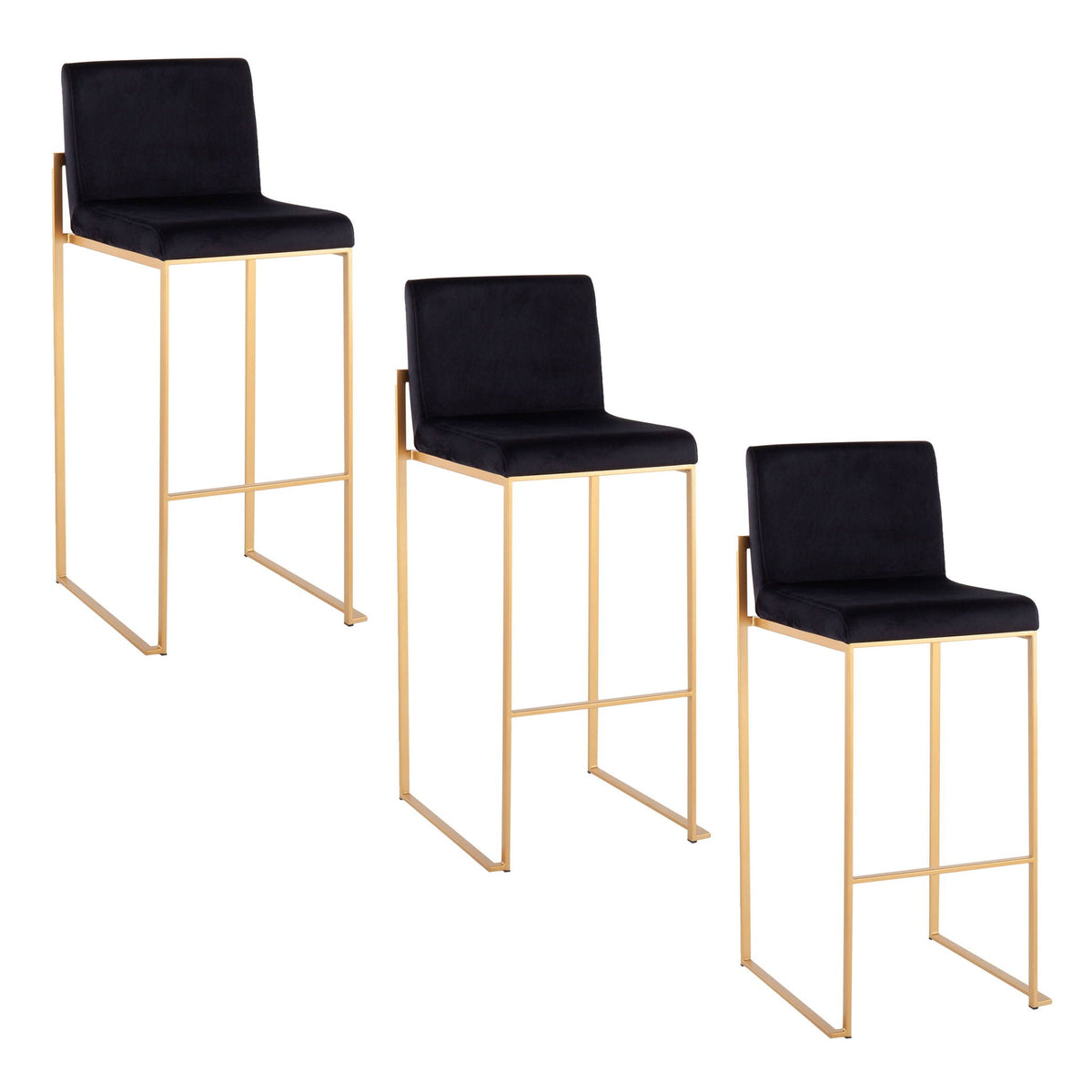 Contemporary high-back barstool set with black upholstery and gold metal frames; set of 3 on Tampa Home & Garden Store