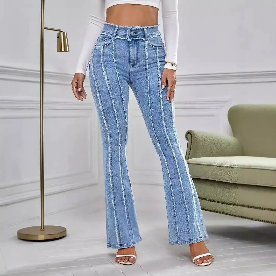Flared Wadding Edge Jeans For Women FLIPSTYLEZLLC in light blue denim with frayed seams on Tampa Home & Garden Store