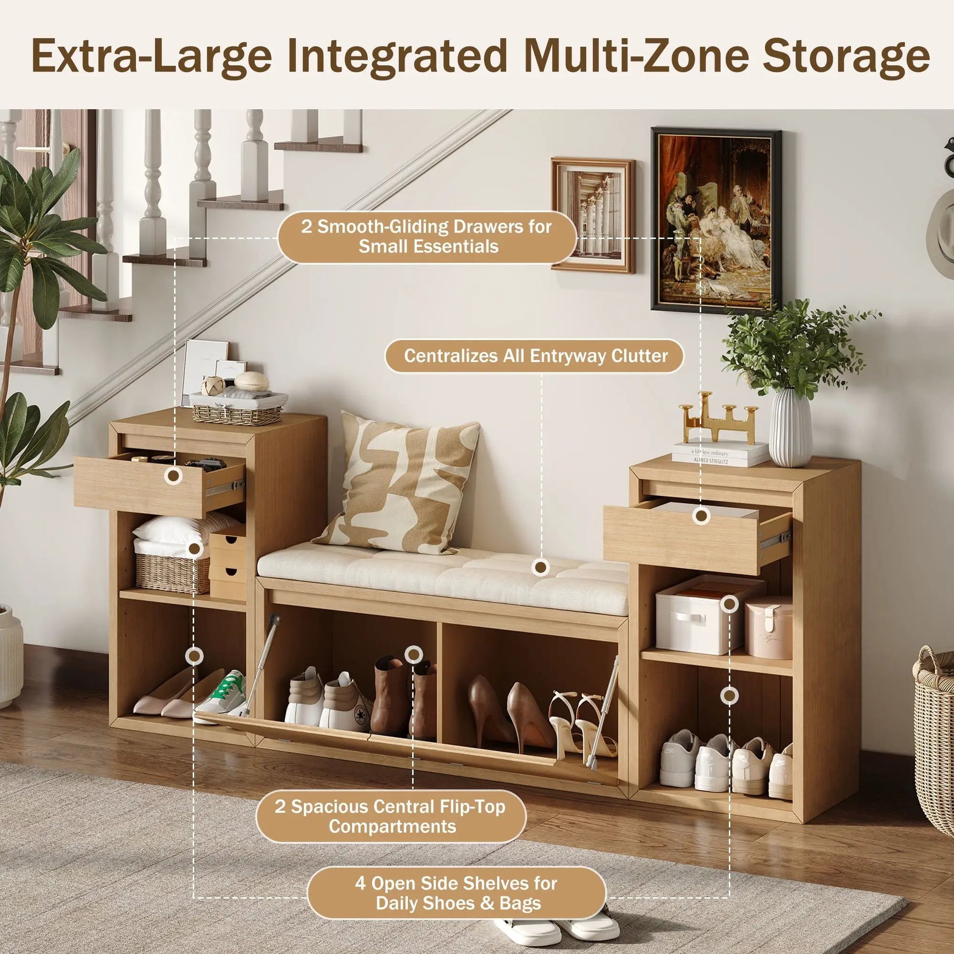 Entryway storage bench with cushioned seat, drawers and open shelves by Unique Piece Furniture on Tampa Home & Garden Store
