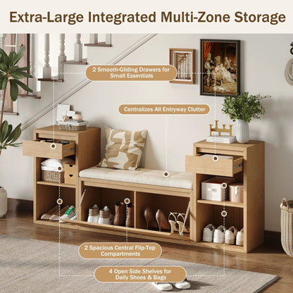 Entryway storage bench with cushioned seat, drawers and open shelves by Unique Piece Furniture on Tampa Home & Garden Store