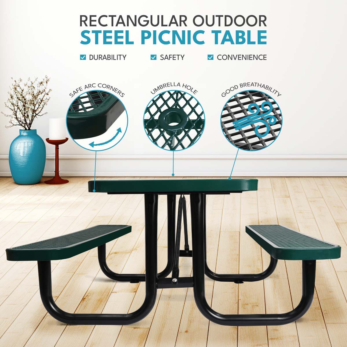 Outdoor Steel Picnic Table and an Umbrella Pole