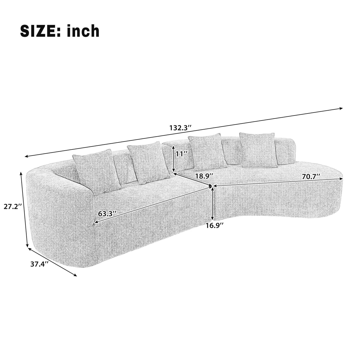 U_Style 132" Modern Sectional Sofa with Curved Design in gray fabric by HouseOfZazla, plush cushions curved sectional on Tampa Home & Garden Store