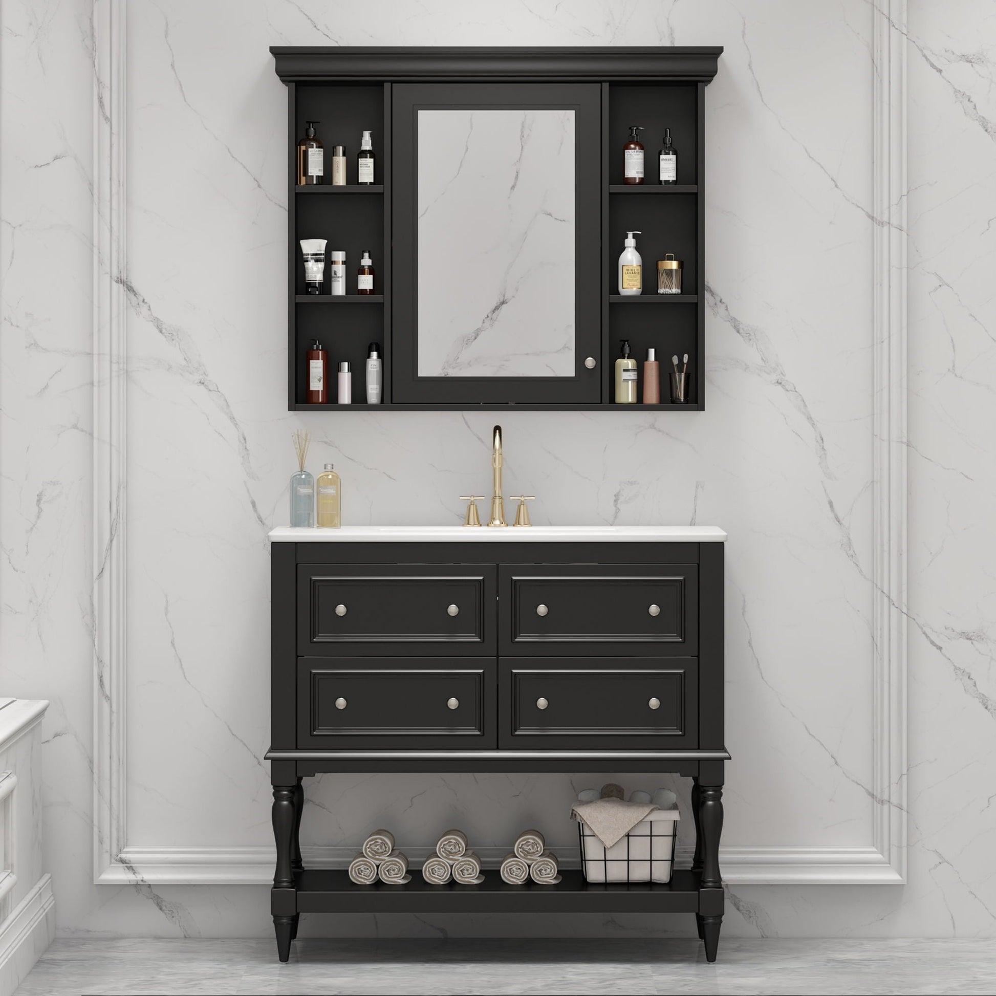 HouseOfZazla black vanity with medicine cabinet mirror and open shelves, four-drawer base on Tampa Home & Garden Store
