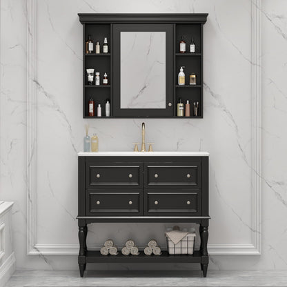 HouseOfZazla black vanity with medicine cabinet mirror and open shelves, four-drawer base on Tampa Home & Garden Store
