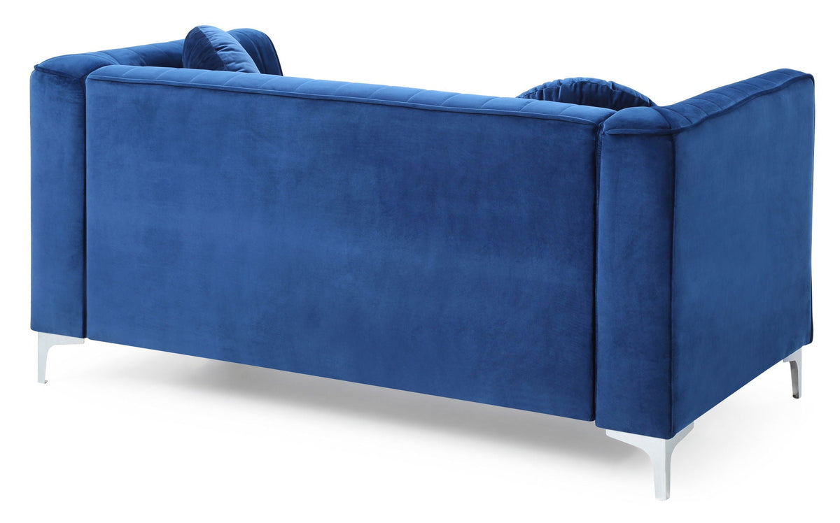 Glam Styled Micro Suede Loveseat blue velvet with channel quilting cushions, stationary on Tampa Home & Garden Store