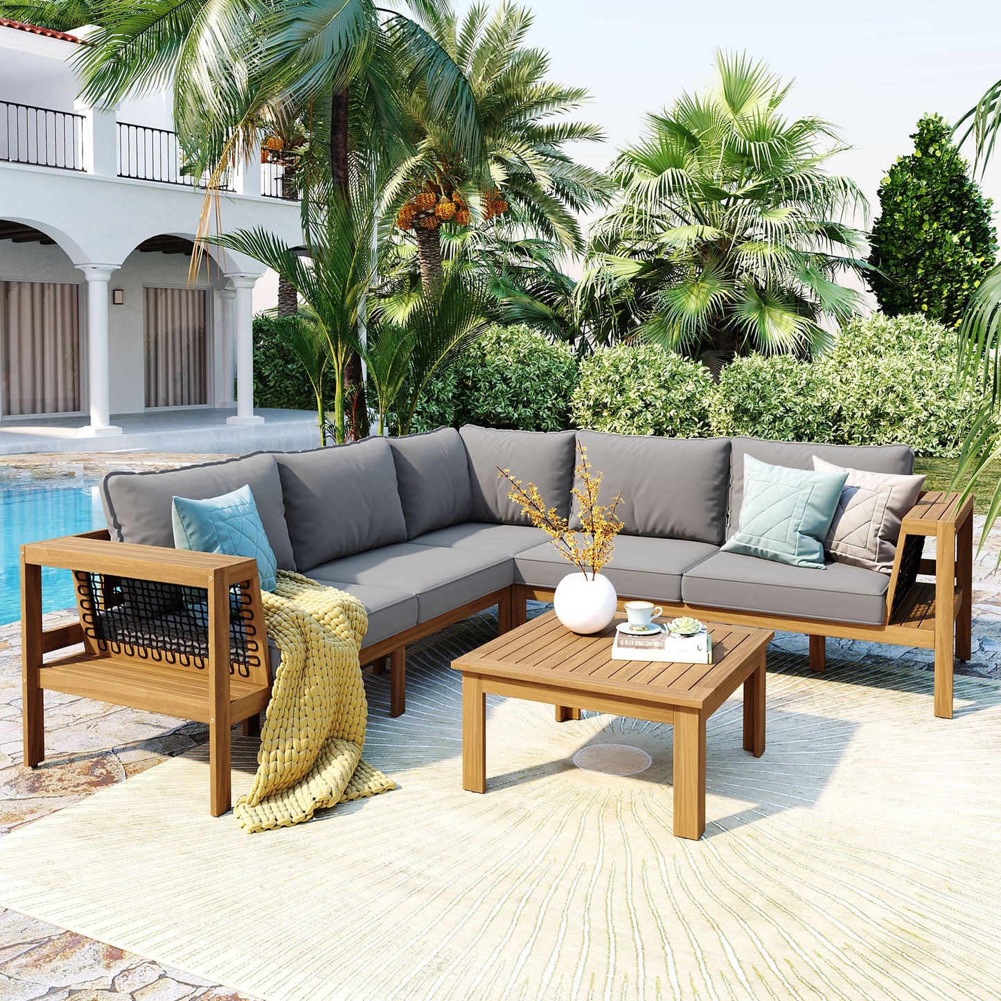 4-Piece Outdoor Acacia Wood Sofa Set with Coffee Table featuring grey cushions on Tampa Home & Garden Store