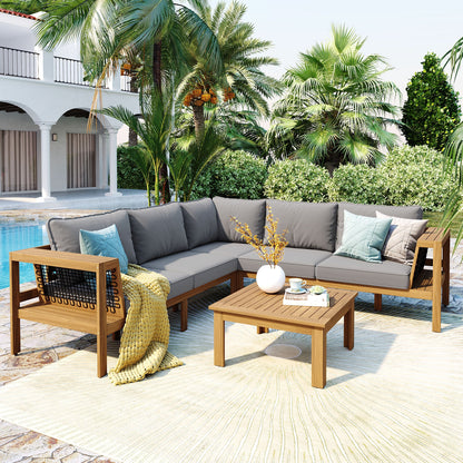 4-Piece Outdoor Acacia Wood Sofa Set with Coffee Table featuring grey cushions on Tampa Home & Garden Store