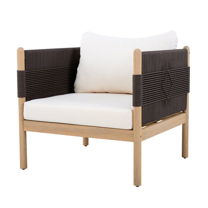 Outdoor Acacia Wood Club Chair with diamond rope weave, white cushions, light teak frame on Tampa Home & Garden Store