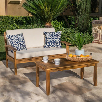 Outdoor chat set with coffee table and loveseat, 2-piece, wood frame beige cushions on Tampa Home & Garden Store