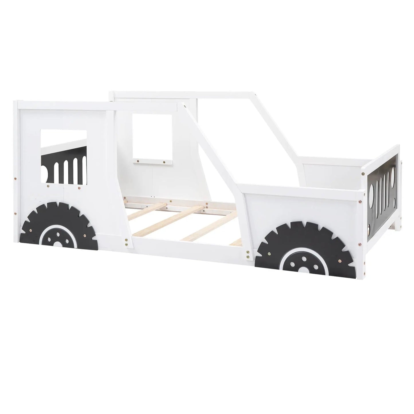 Classic Car Shaped Platform Bed With Wheels, white wooden frame featuring large black gear wheels on Tampa Home & Garden Store