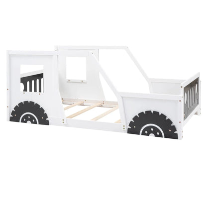 Classic Car Shaped Platform Bed With Wheels, white wooden frame featuring large black gear wheels on Tampa Home & Garden Store