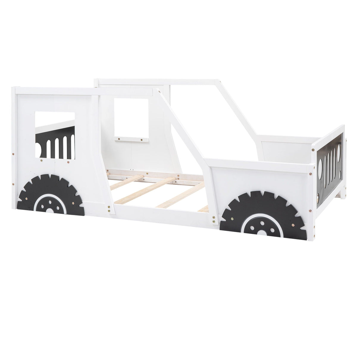 Classic Car Shaped Platform Bed With Wheels white wooden frame black gear-style wheels on Tampa Home & Garden Store