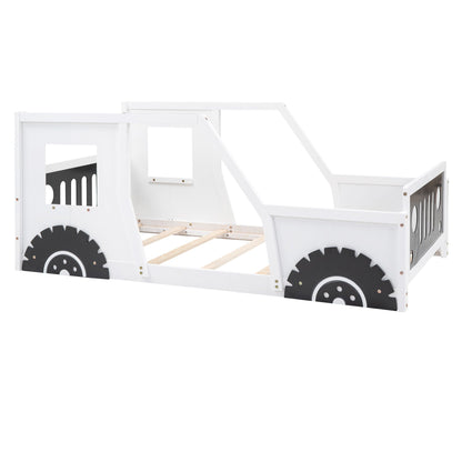 Classic Car Shaped Platform Bed With Wheels white wooden frame black gear-style wheels on Tampa Home & Garden Store