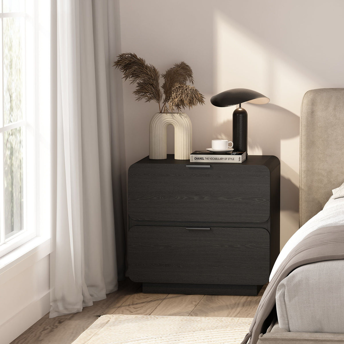 Modern Chrystie two-drawer nightstand in black by HouseOfZazla, accent bedroom furniture on Tampa Home & Garden Store