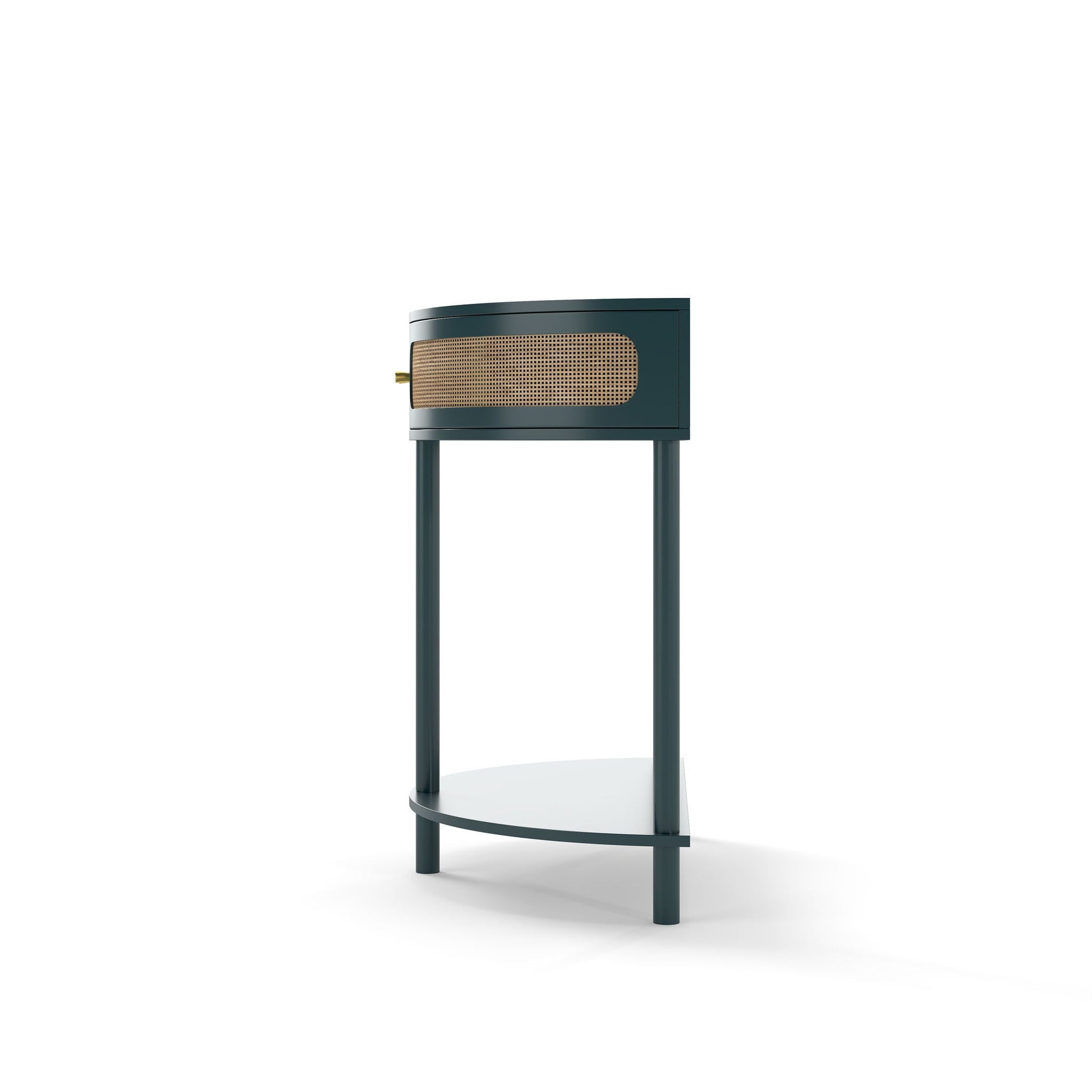 Boho rattan semi-circle end table with sliding door, storage shelf in dark teal HouseOfZazla on Tampa Home & Garden Store