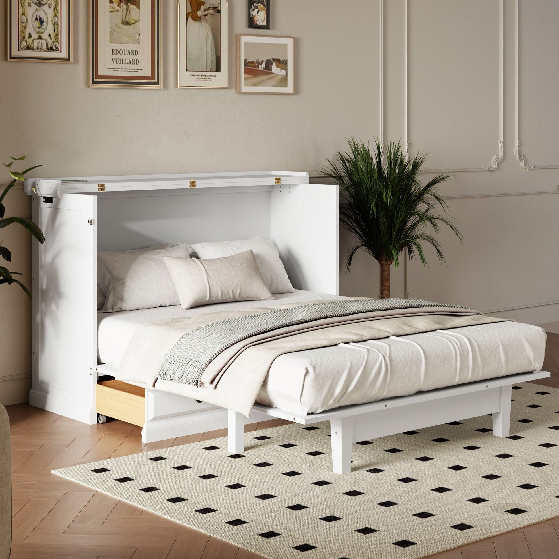 Murphy Bed Chest Cube Cabinet Bed with charging station and storage drawer in white on Tampa Home & Garden Store
