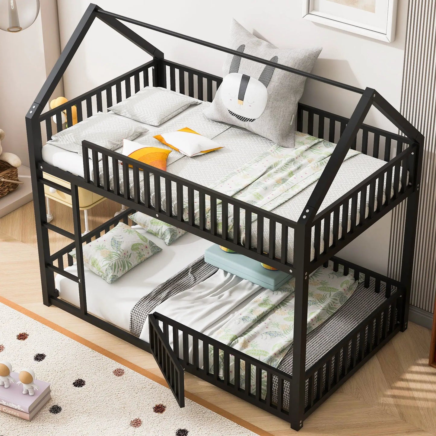 Metal House Bunk Bed with Fence and Door