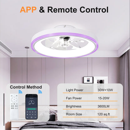 19.7-inch modern RGB ceiling fan with lights, white with purple ring and remote control on Tampa Home & Garden Store