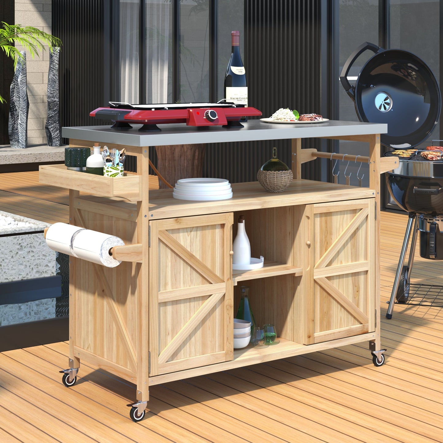 Outdoor kitchen island rolling bar cart in natural wood with red top and Napoleon grill on Tampa Home & Garden Store