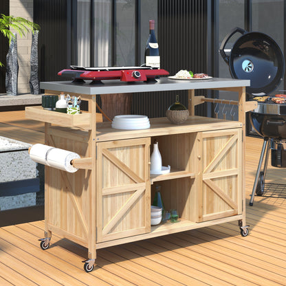 Outdoor kitchen island rolling bar cart in natural wood with red top and Napoleon grill on Tampa Home & Garden Store