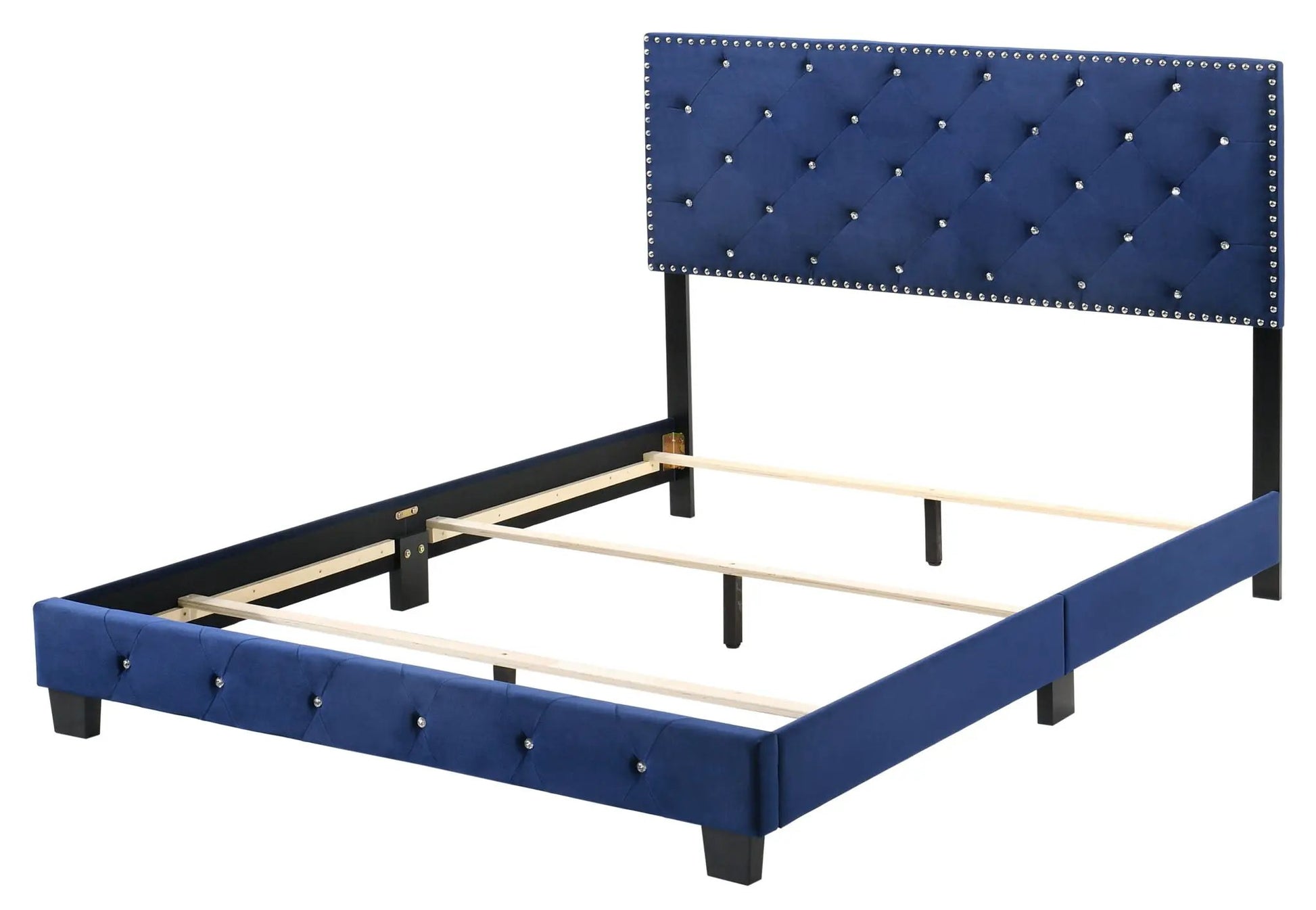 Luxurious Upholstered Bed with blue tufted headboard, crystal studs, black metal frame on Tampa Home & Garden Store