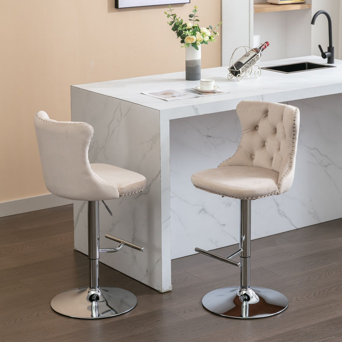 Swivel adjustable barstools set of 2, beige tufted upholstery with chrome bases by HouseOfZazla on Tampa Home & Garden Store