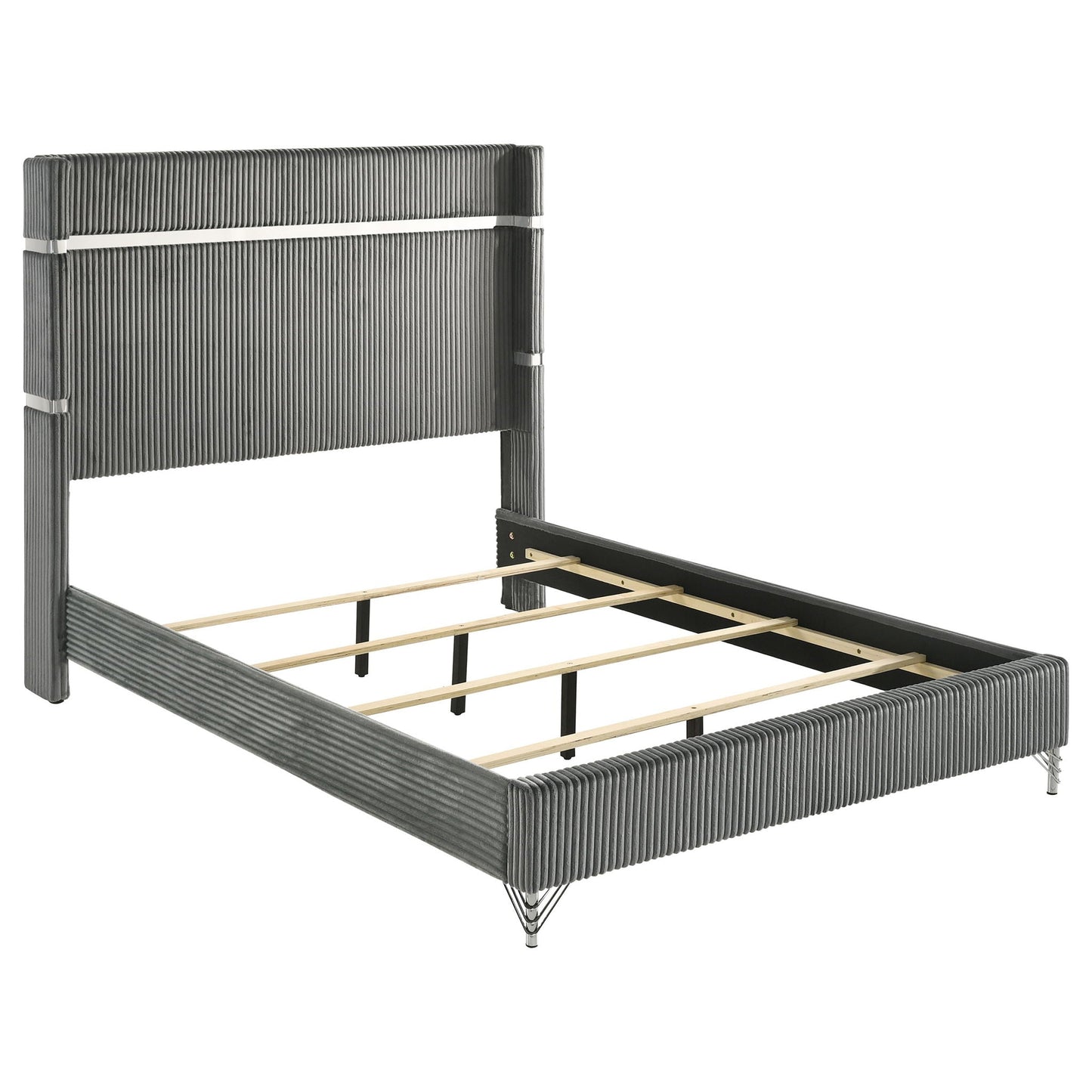 Malcolm wingback bed frame in dark gray ribbed upholstery with metal legs on Tampa Home & Garden Store
