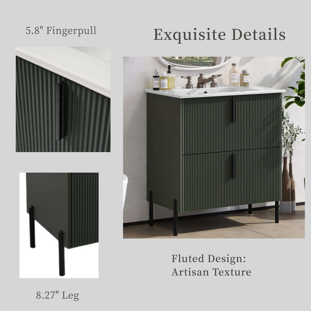 HouseOfZazla bathroom vanity with ceramic sink in dark green fluted cabinet and white countertop on Tampa Home & Garden Store