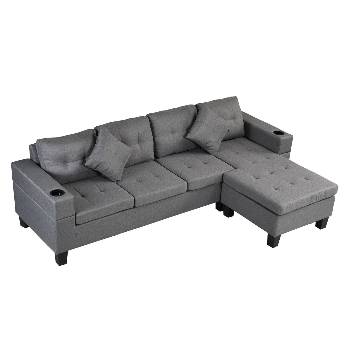 HouseOfZazla modern 4-seat gray sectional sofa with L-shaped chaise and built-in cup holder on Tampa Home & Garden Store
