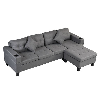 HouseOfZazla modern 4-seat gray sectional sofa with L-shaped chaise and built-in cup holder on Tampa Home & Garden Store