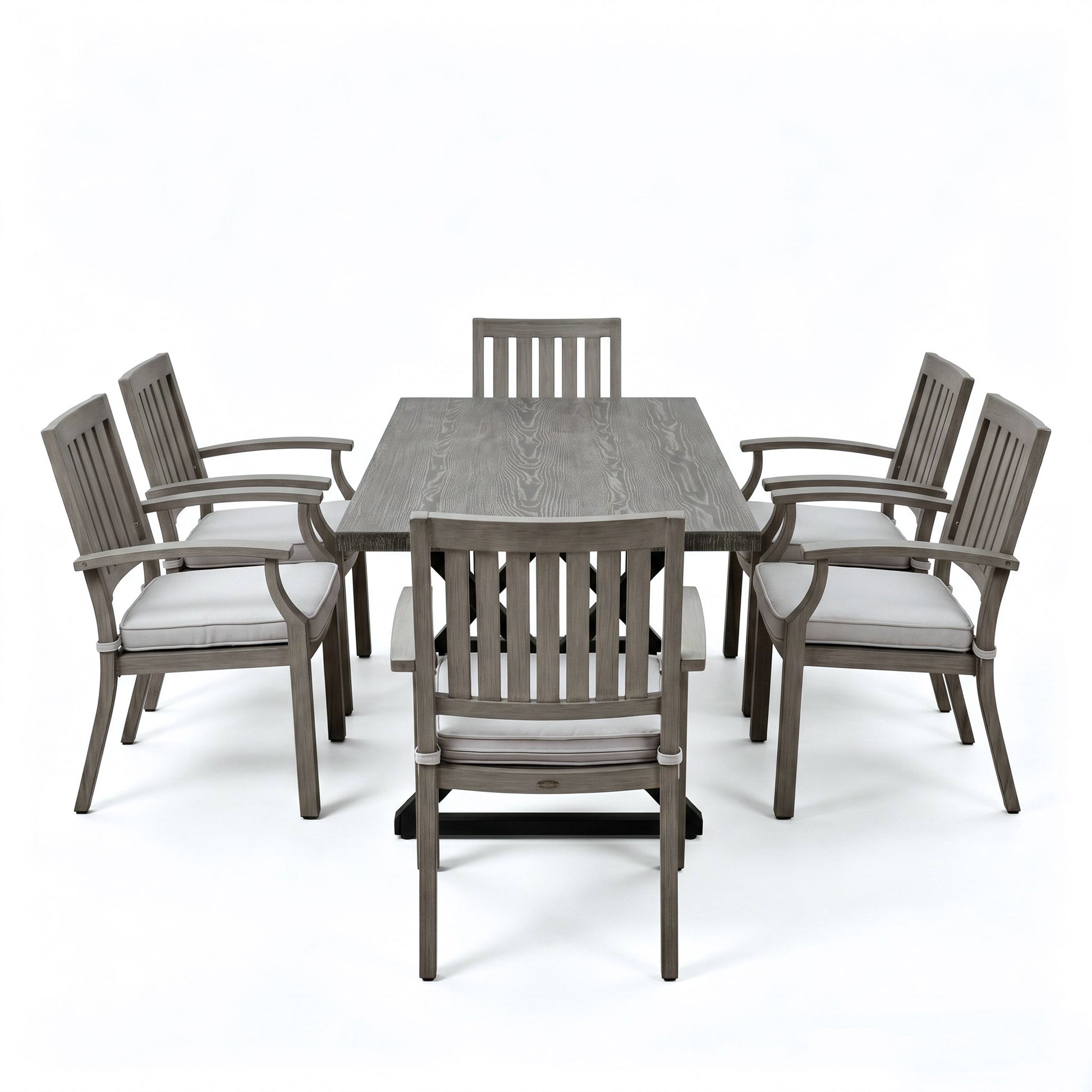 7-Piece outdoor dining set with aluminum chairs in grey wood finish white cushions HouseOfZazla on Tampa Home & Garden Store