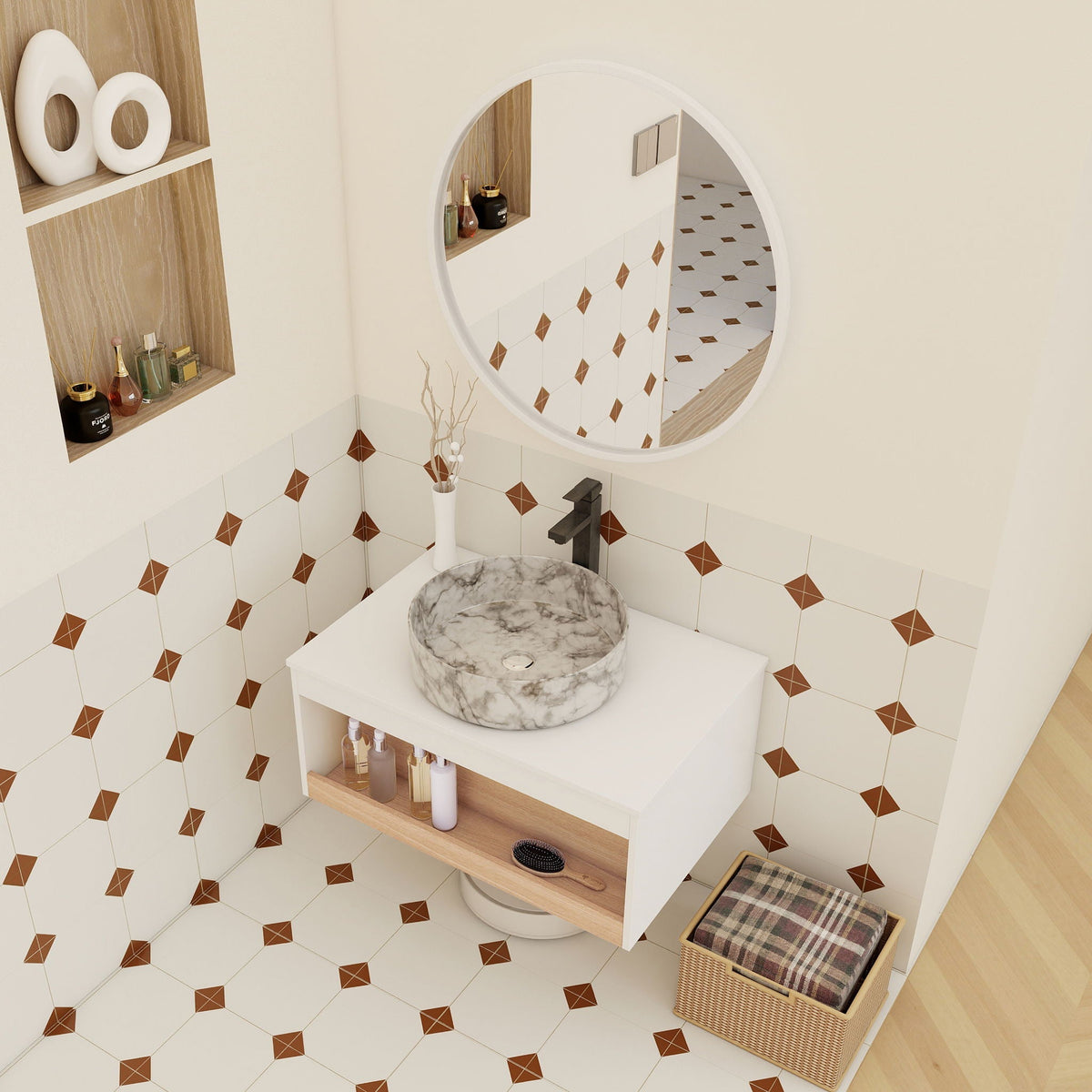 Floating bathroom vanity with vessel sink in white, round mirror and wood shelf on Tampa Home & Garden Store