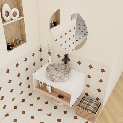 Floating bathroom vanity with vessel sink in white, round mirror and wood shelf on Tampa Home & Garden Store