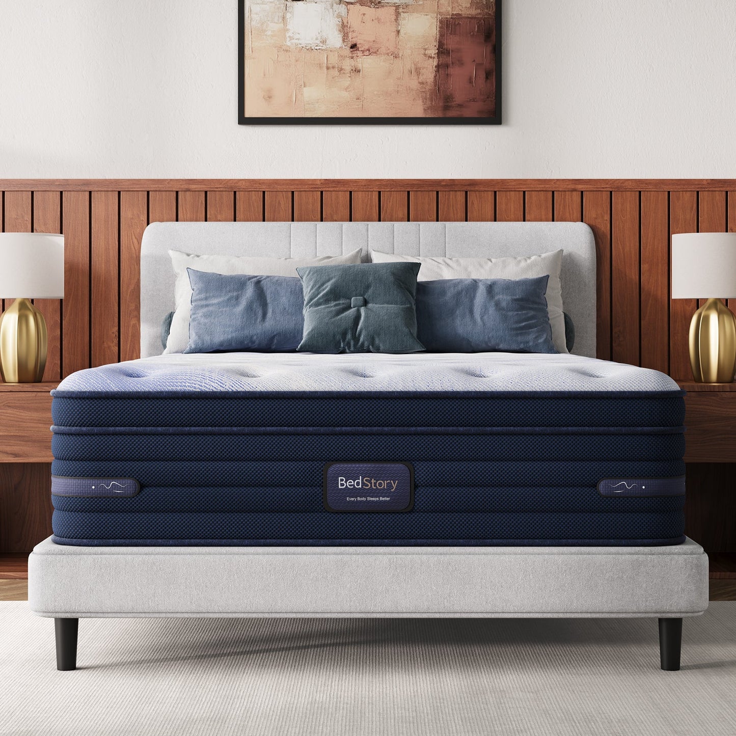 BedStory Spine Align Pro 14-inch King Firm Cooling Hybrid Mattress on gray bed sides on Tampa Home & Garden Store